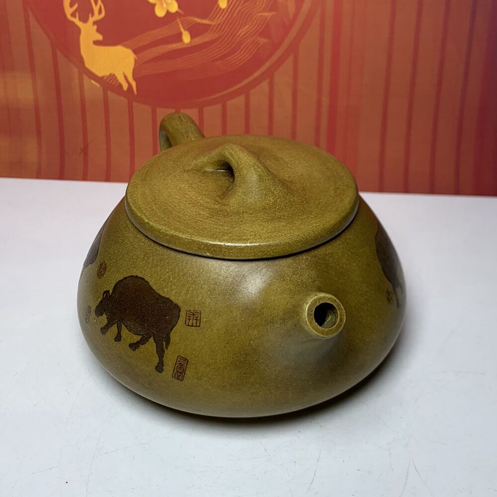 Vintage Chinese Yixing Purple Clay Teapot Zisha Ceremony Painted Cattle Teaware