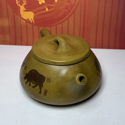 Vintage Chinese Yixing Purple Clay Teapot Zisha Ceremony Painted Cattle Teaware