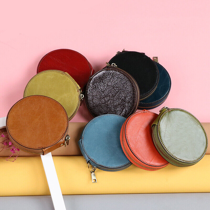 Handmade Cowhide Leather Coin Purse Retro Round Zipper Storage Bag Small Wallet
