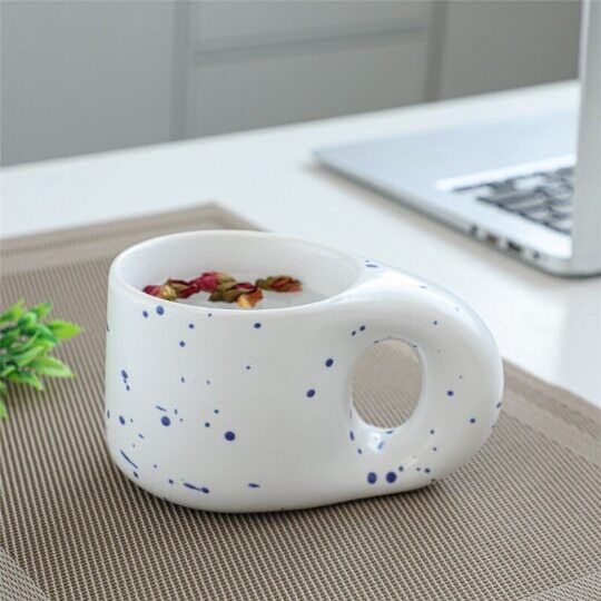 Nordic Klein Blue Coffee Mug with Fat Big Handle Ceramic Cup with Saucer
