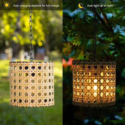 Retro Solar Hand Woven Bamboo Tube Lamp Outdoor Waterproof Decorative Hanging