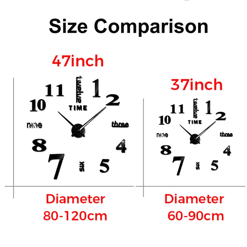 DIY Wall Clocks Acrylic Mirror Large 3D Frameless Home Living Room Decor 37-47In