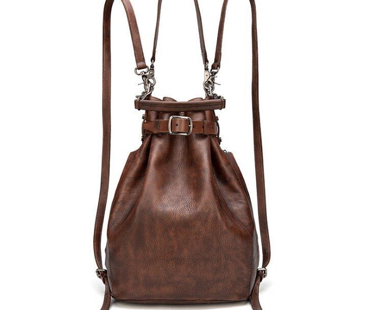 Genuine Leather Cow Skin Vintage Backpack Large Capacity Bucket Bag Handmade Bag