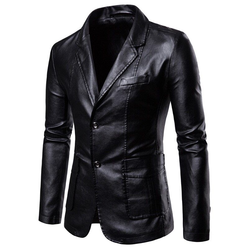 2022 Men's Lapel Leather Dress Suit Coat / Male Business Pu Jacket