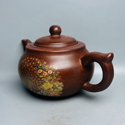 Vintage Chinese Yixing Purple Clay Teapot Zisha Ceremony Painted Peacock Teaware