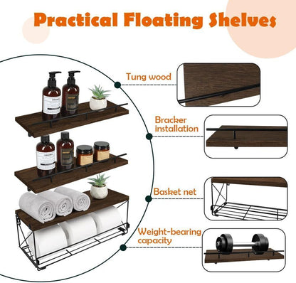 Rustic Wooden Bathroom Floating Shelves with Storage Baskets Wall Mounted (3+1)