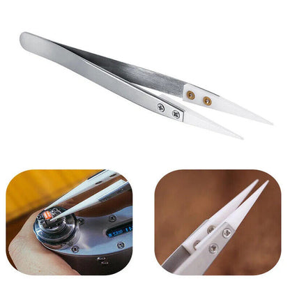 Tweezers Ceramic Stainless Steel Straight Elbow Tips Anti-Static Soldering Tools
