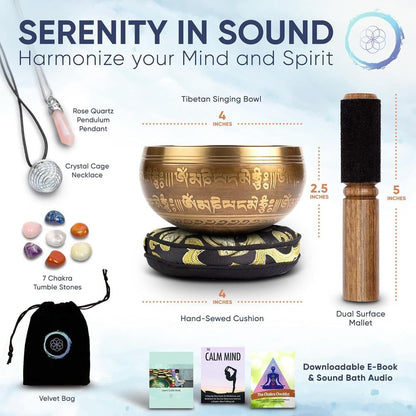 Tibetan Singing Bowl Set Handcrafted in Nepal for Meditation Yoga Stress Relief