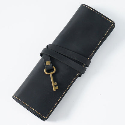Handmade Cowhide Leather Pen Pouch Roll-up Pencil Case Bag Stationery Storage