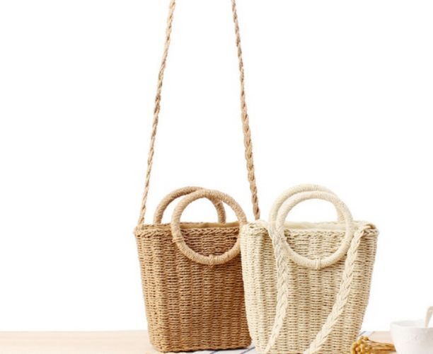 Fashion Women Round Handle Crossbody Mini Messenger Daily Straw Purse Polyester