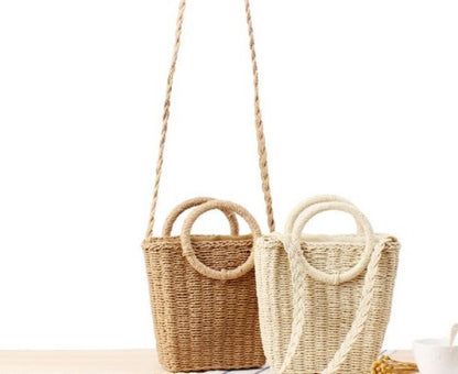Fashion Women Round Handle Crossbody Mini Messenger Daily Straw Purse Polyester