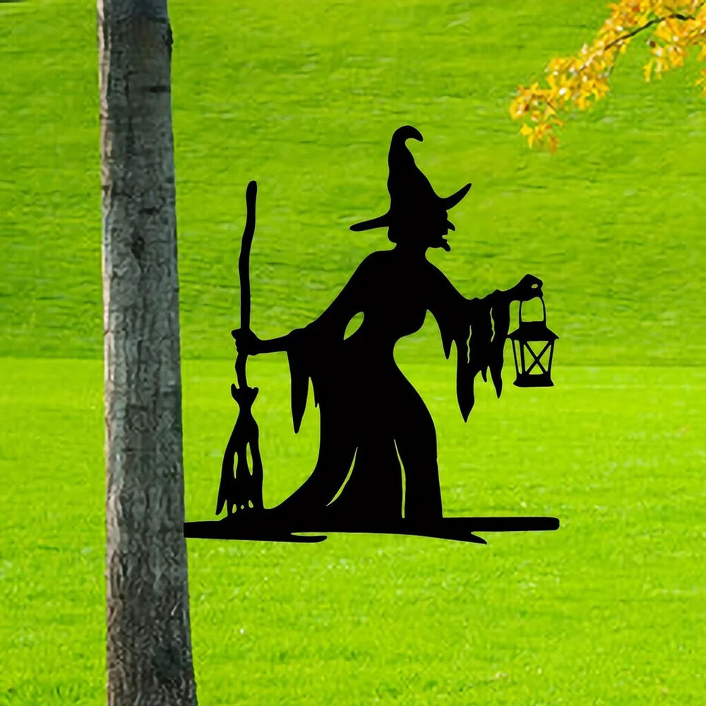 Witch Lantern On Branch Steel Silhouette Garden Yard Patio Statue Stake