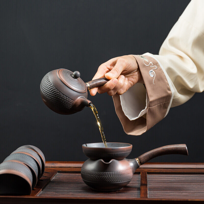 Complete Tea Set Purple Pottery Kungfu Tea Set Pot With Wood Handle Cup Gaiwan