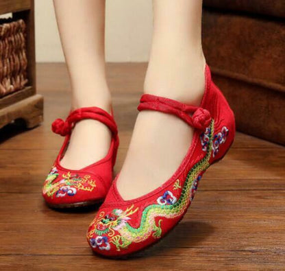 Retro Ethnic Women Embroidered Dragon Slipper Loafer Mary Janes Flat Shoes New
