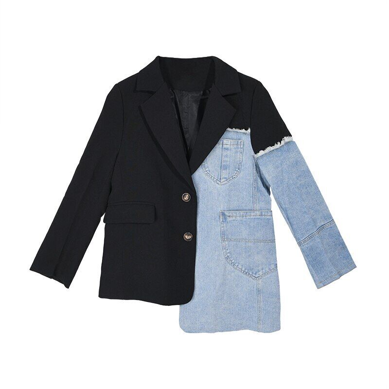 Spring Suit Stitching Denim Coat Single Breasted Color Block Jacket Coats