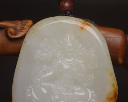 Chinese Natural Hetian Jade Carved Kwan Yin Statue Good Luck Pendant Jewelry Art