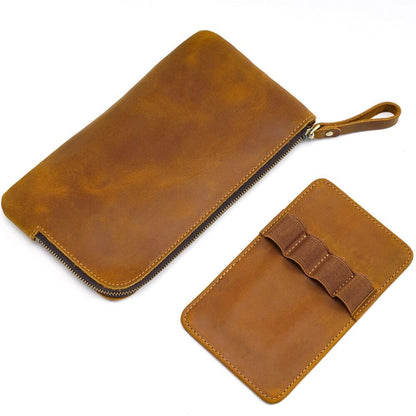 Handmade Cowhide Leather Fountain Pen Case, Pencil Case Stationery Storage Bag