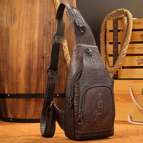 Top Cow Leather Sling Backpack,Crocodile Pattern Chest Crossbody Bag Daypack