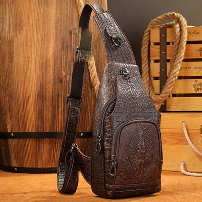 Top Cow Leather Sling Backpack,Crocodile Pattern Chest Crossbody Bag Daypack