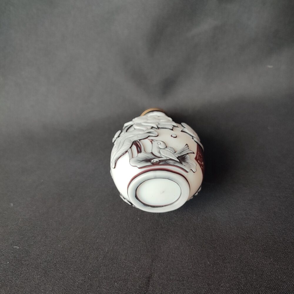Old Beijing Carved Glass Snuff Bottle Colored Glaze Flower Bird Statue Gifts Art