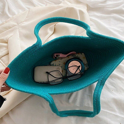 Straw Bag Women Cotton Rope Handbags Girls Open Weave Beach Totes Bags