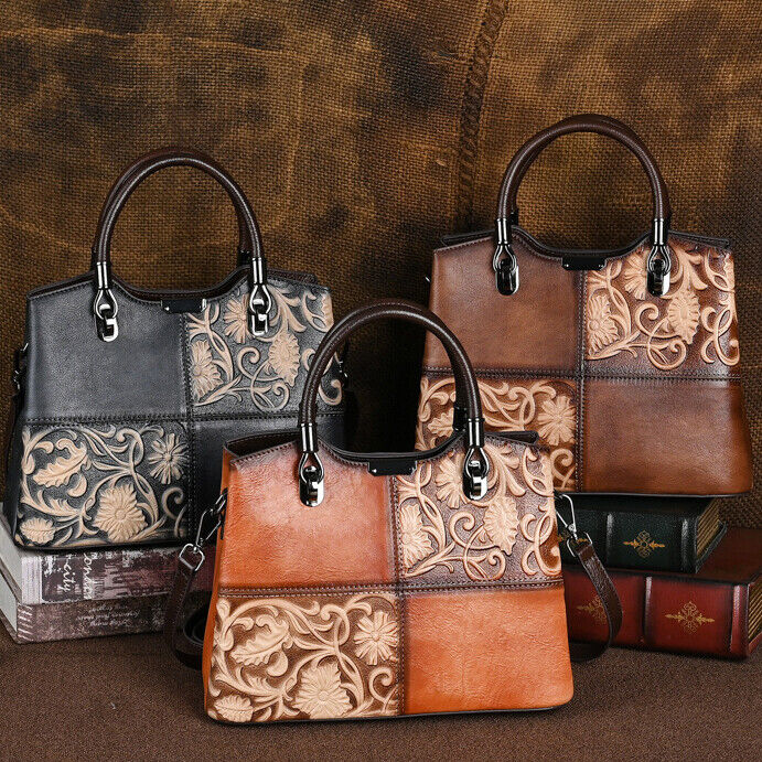 Women's Retro Genuine Leather Handbags Floral Embossed Tote Shoulder Bags