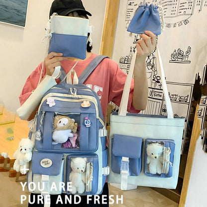 5pcs Sets Children's School Backpack Women's Bagpack Laptop Bag Students Totes
