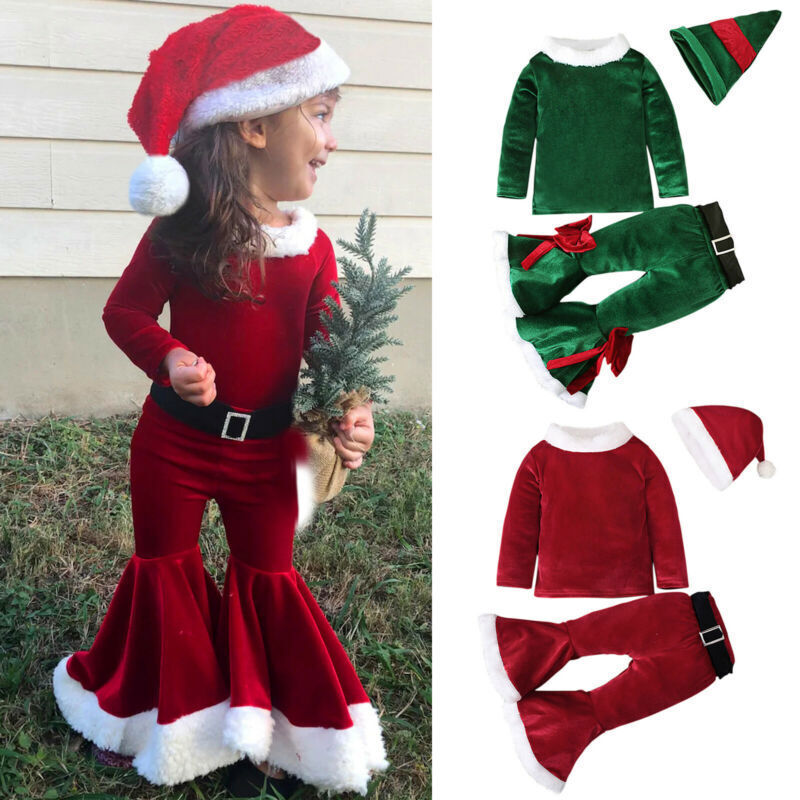 4pcs Baby Kids Girls Christmas Cosplay Pullover Tops Pants Hat Belt Set Outfits