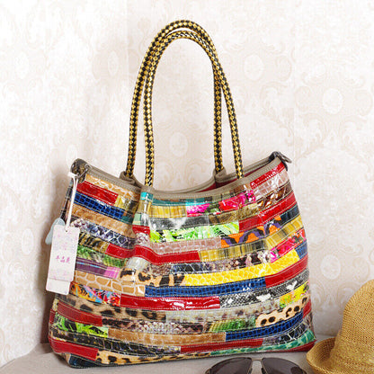 Women 100% Genuine Leather Snake Stripes Colorful Handbag Shoulder Satchel Tote