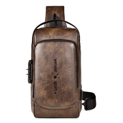 Top PU Leather Men's Crossbody Bag, Password Lock Sling Backpack Casual Daypack