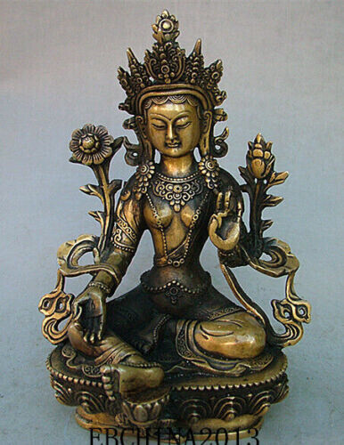 9" Tibet Bronze Gilt Green Tara Mahayana Buddhism Enlightenment Goddess Statue