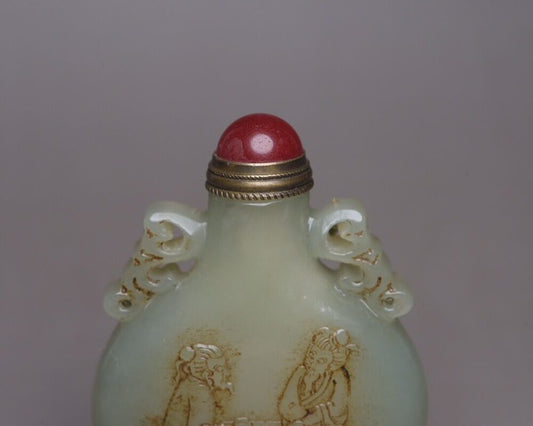 Vintage Chinese Hetian Jade Snuff Bottle Carving Figure Story Statue Gift Rare