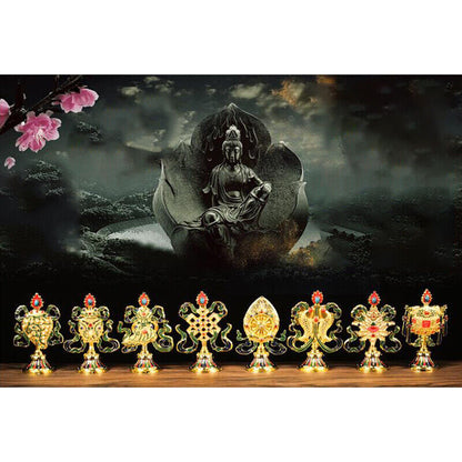 8 Pcs Painted Tibetan Engraved Eight Treasures Auspicious Statue Buddhism
