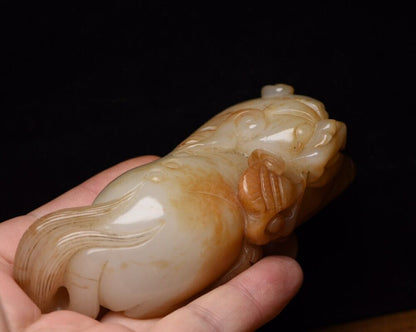 Chinese Old Beijing Natural Hetian Jade Carved Nice Beast Statue Figurines Art