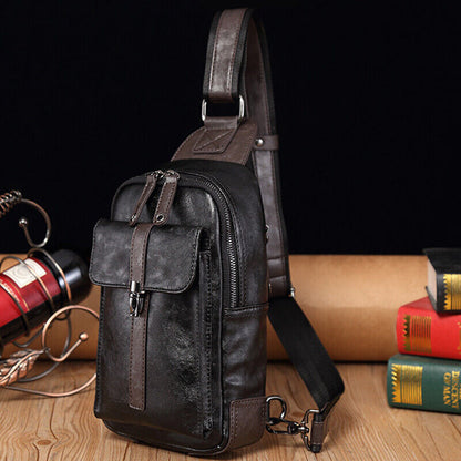 Sling Backpack Men's PU Leather Crossbody Bag Chest Bag Sport Sling Shoulder Bag