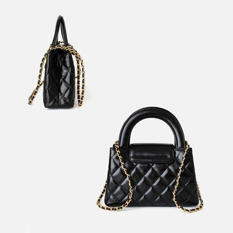 Small Quilted Real Leather Tote Flap Purse Clutch Shoulder Bag w/ Chain Fashion
