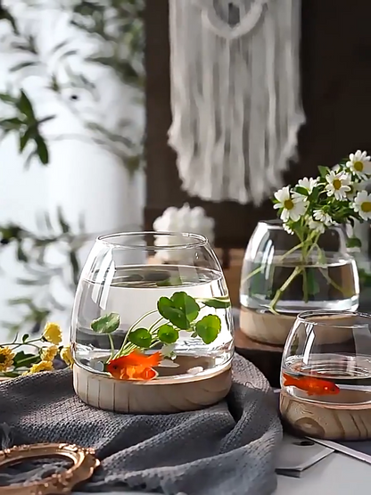 Fish Tanks Transparent Glass Wooden Tray Circular Office Small Goldfish Aquarium