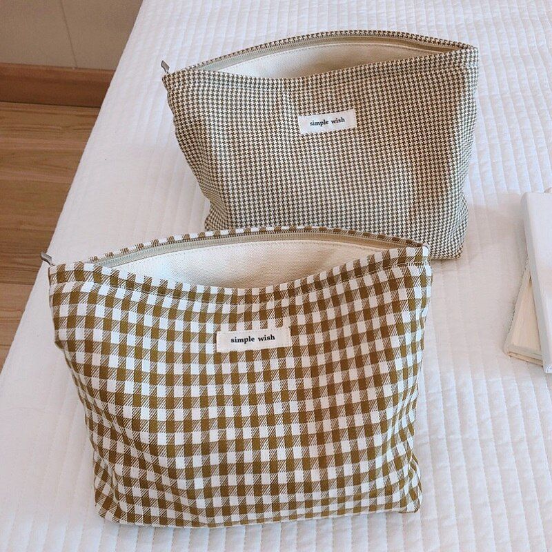 Makeup Cosmetic Bag Women Cotton Plaid Organizer Kit Beauty Brushes Storage Case - Thumbnail 3