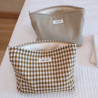 Makeup Cosmetic Bag Women Cotton Plaid Organizer Kit Beauty Brushes Storage Case