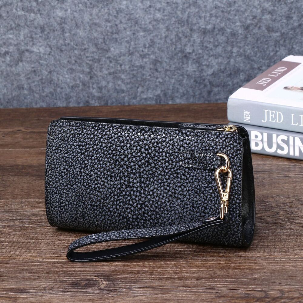 Cowhide Leather Men's Clutch Bag, Desinger Pearl Fish Skin Pattern Long Wallets