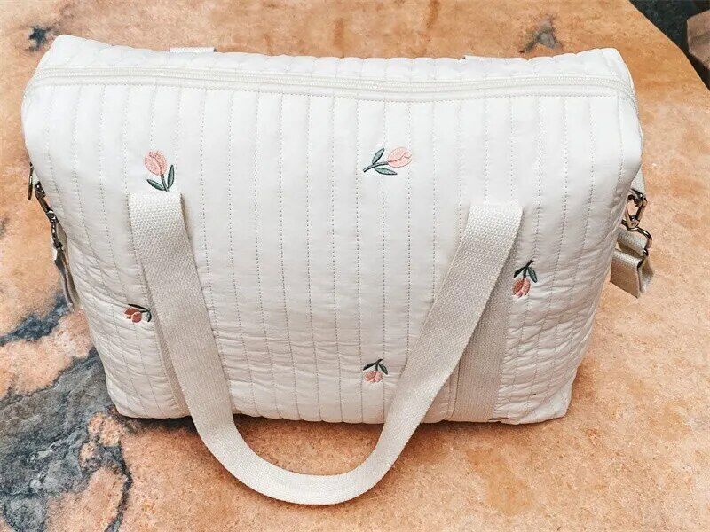Flower Embroidery Pattern Baby Beige Zipper Diaper Handbag Luggage Bag