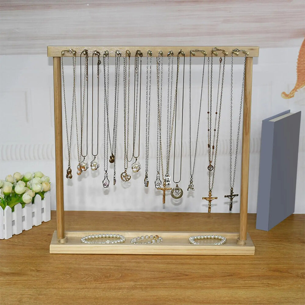 Jewelry Organizer Wooden Necklace Display Stand Chains Earrings Rack 30x26x7.5cm