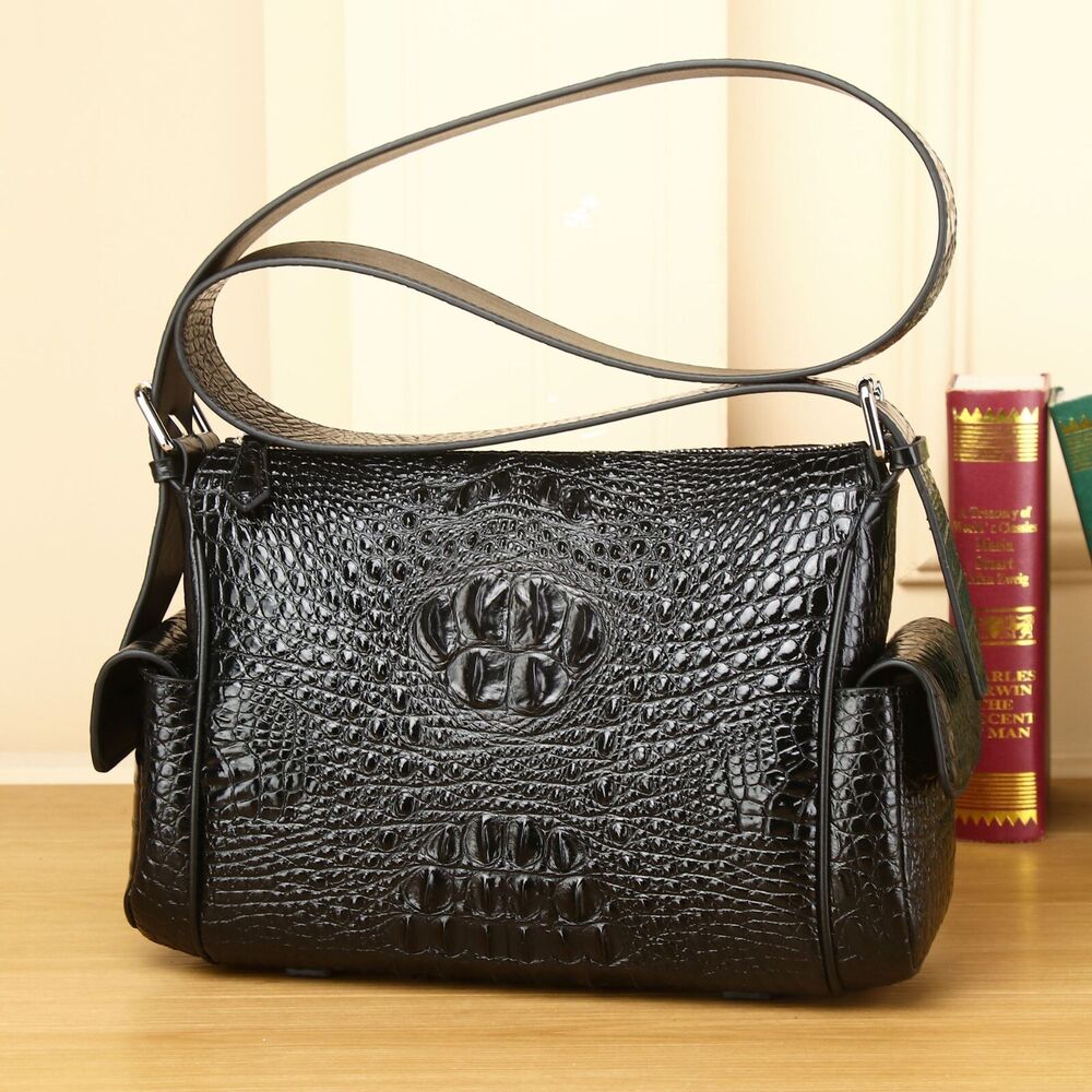 100% Real Leather Shoulder Bag, Designer Crocodile Embossed Sling Bag for Travel