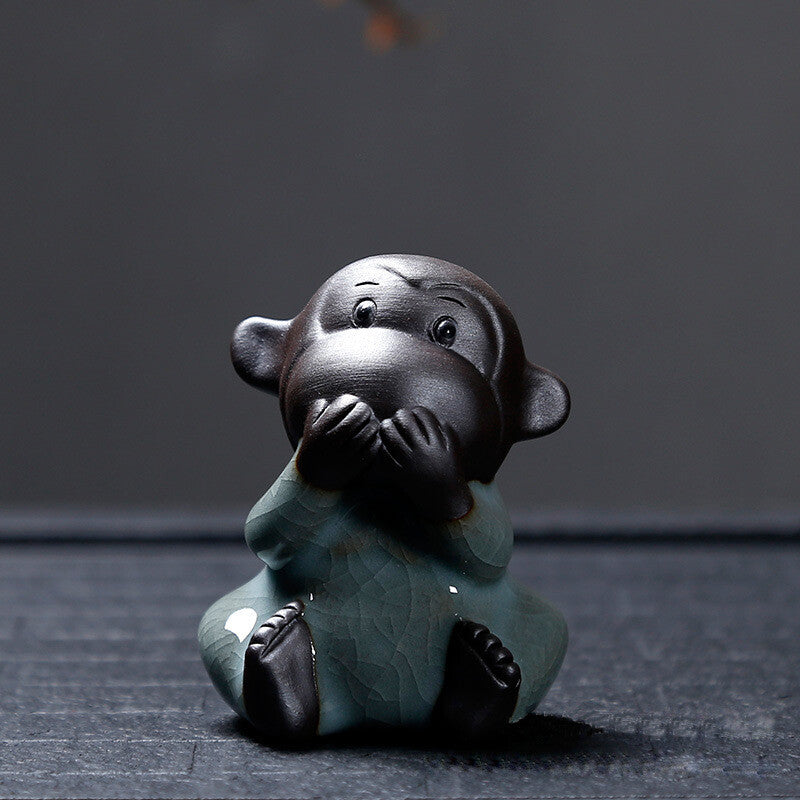 Porcelain Pottery "Four Wise Monkeys" Hear Talk Not Evil Ceramic Statue -