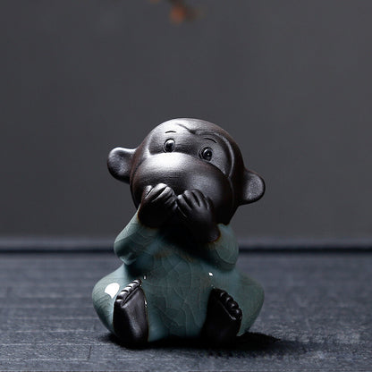 Porcelain Pottery "Four Wise Monkeys" Hear Talk Not Evil Ceramic Statue -