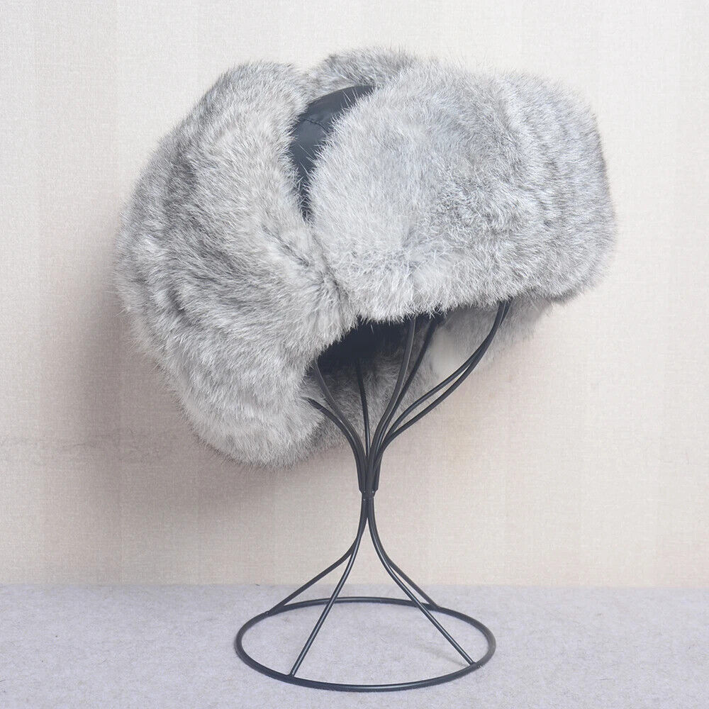 Men Bomber Hats Natural Real Rabbit Fur Outdoor Windproof Super Warm Cap 55-62cm