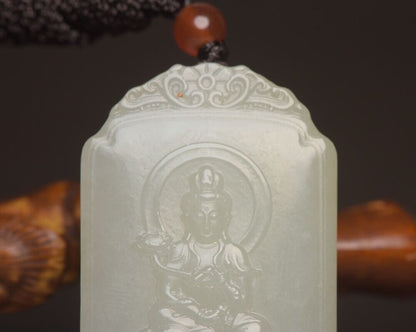 Chinese Natural Hetian Jade Carved Exquisite Dragon Guanyin Statue Lucky Pendant