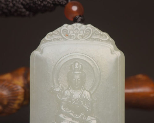 Chinese Natural Hetian Jade Carved Exquisite Dragon Guanyin Statue Lucky Pendant