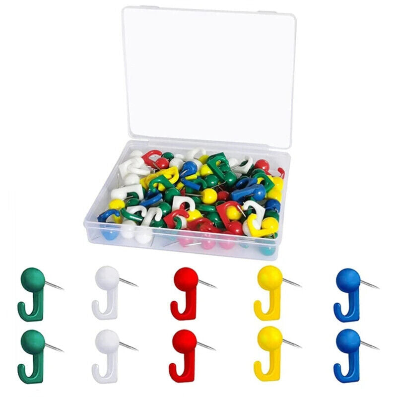 Message Board Holder 50Pcs Metal Plastic Hook-Shaped Push Pins Paper Thumb Tacks