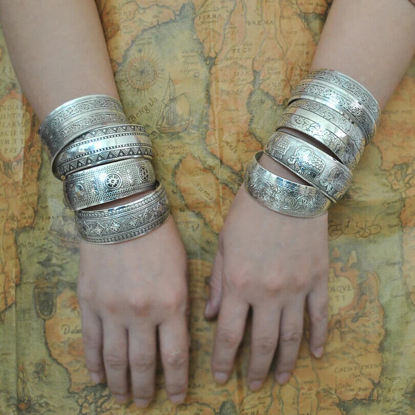 Women Fashion Bracelets Silver Plated Carved Flower Vintage Cuff Tibetan Bangles